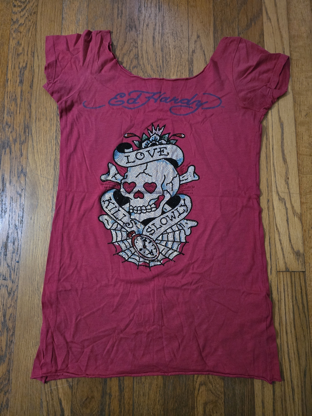 Ed Hardy Y2K Vintage Red Tattoo Skull Rhinestone Tee "LOVE KILLS SLOWLY"